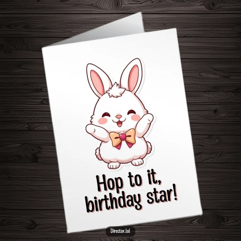 Funny Free Printable Birthday Card: Fluffy bunny in a tiny bowtie pointing with excitement, perfect for a downloadable gift.