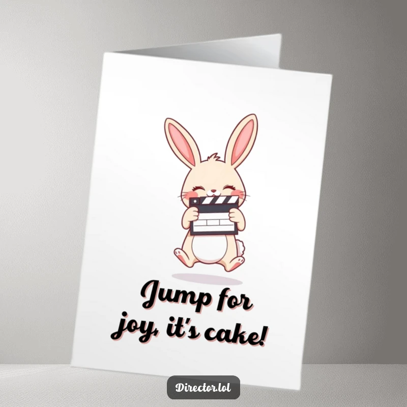 Funny Free Printable Birthday Card with a giggling bunny holding a clapboard and jumping for joy.