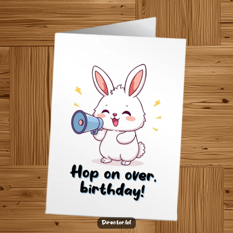 Funny Free Printable Birthday Card: Fluffy bunny with a megaphone shouts commands with a delighted expression, announcing the party.