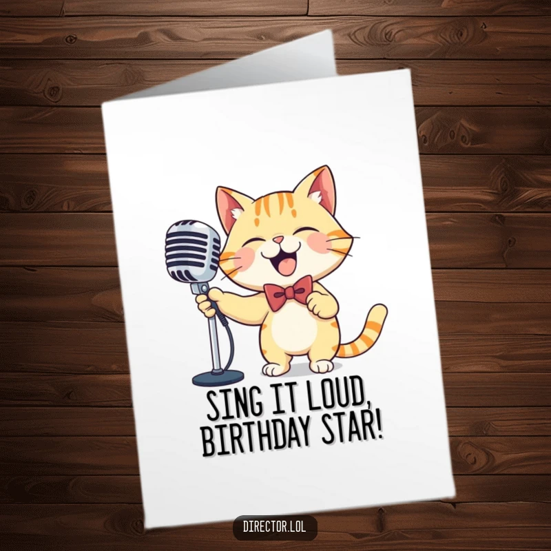 Funny Free Printable Cat MC Birthday Card: A cat in a bowtie gleefully sweeps a grand microphone, ready to perform.