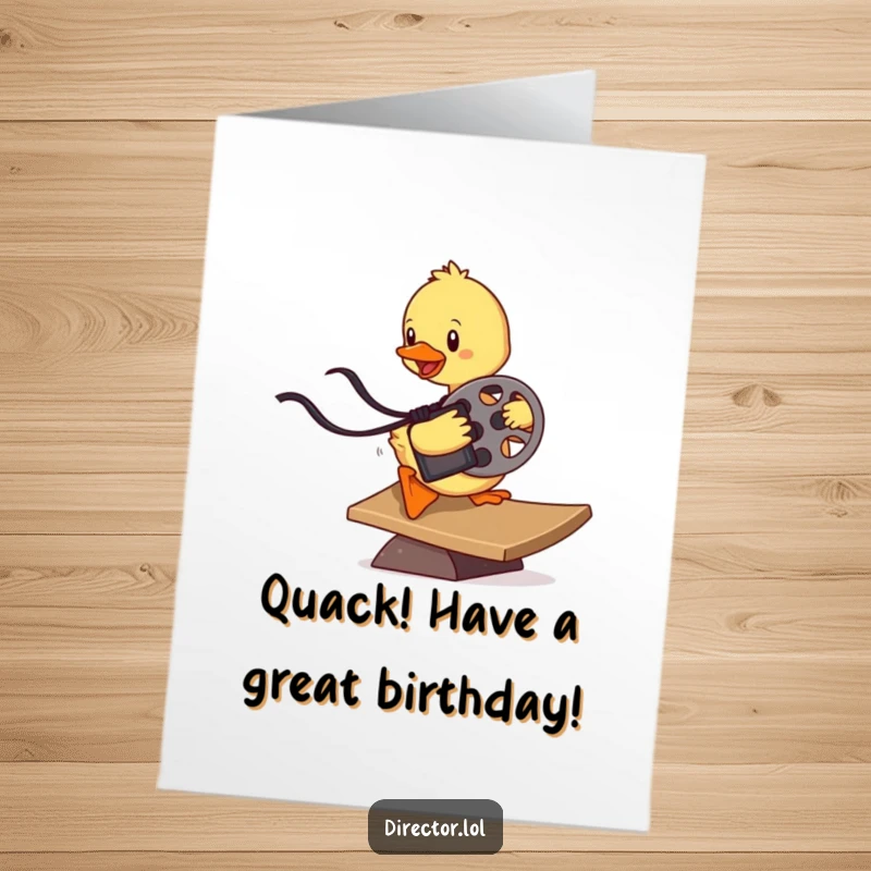 Funny Free Printable Duckling Birthday Card: Determined duckling slides down a ramp with a film reel, celebrating birthdays with gusto.