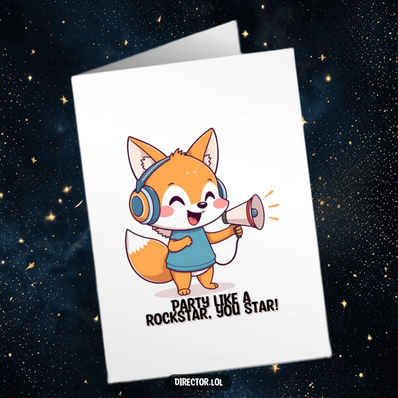 Funny Free Printable Birthday Card with a cheerful fox in headphones directing with a small megaphone.