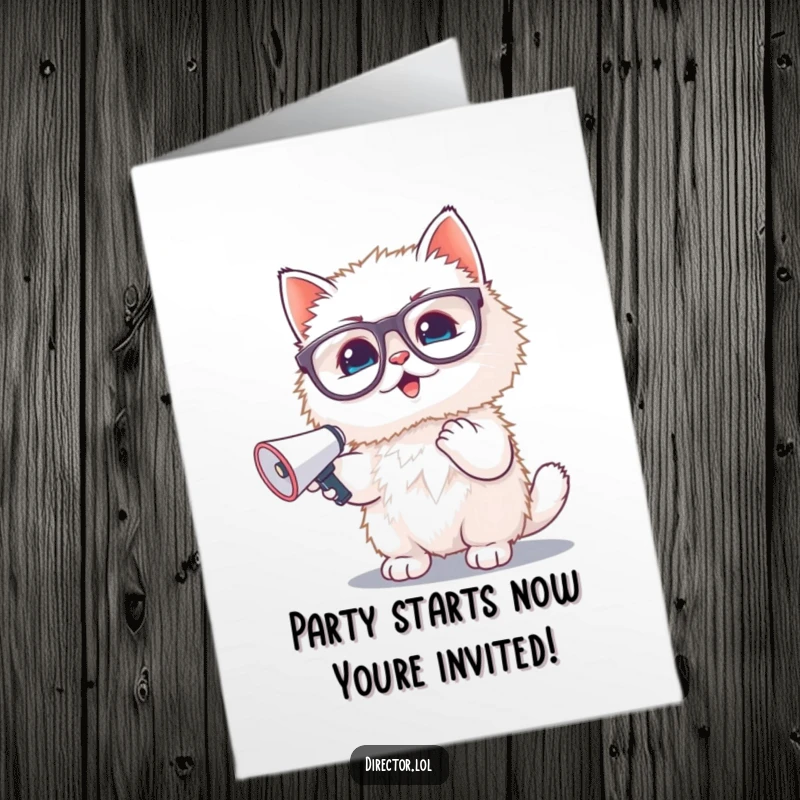 Funny Free Printable Birthday Card: Fluffy kitten in glasses waves a tiny megaphone, shouting happy birthday wishes with pure joy.