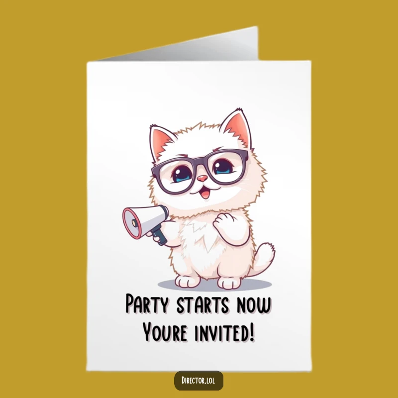 Free Printable Funny Kitten Birthday Card: Fluffy Cat with Glasses & Megaphone - Downloadable Gift