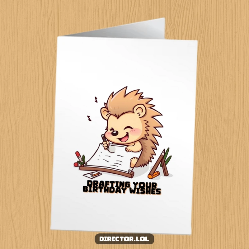 Funny Free Printable Birthday Card: Determined hedgehog drawing furiously on storyboard with a cheerful smile.