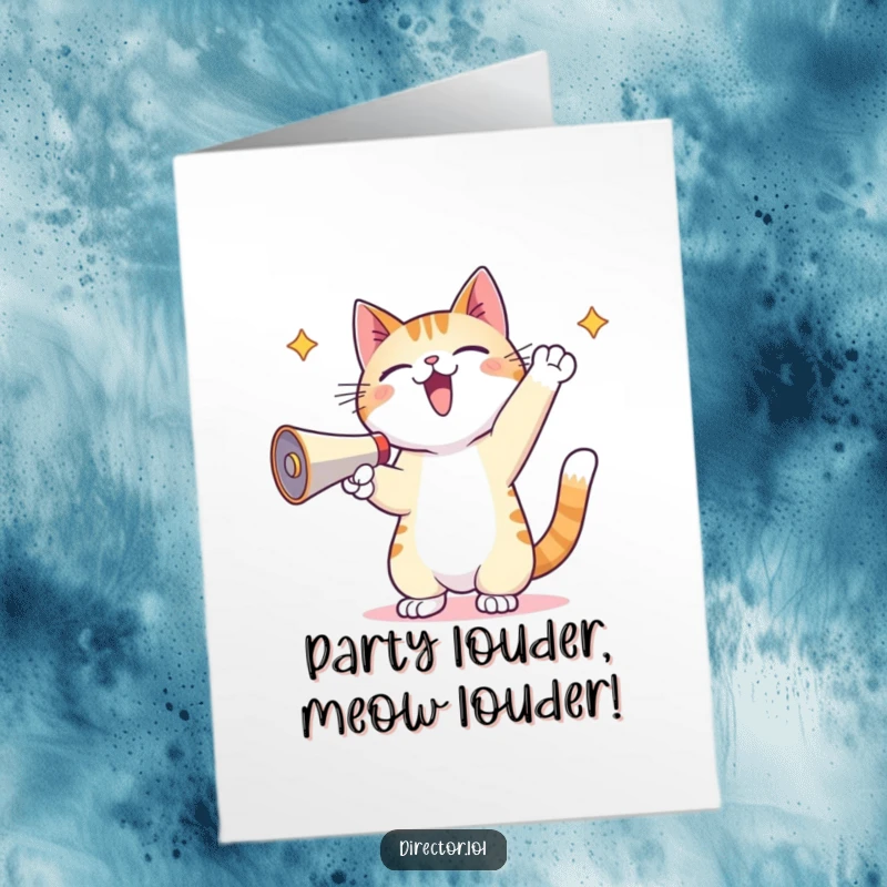 Funny Free Printable Birthday Card: Kawaii cat with megaphone shouting happy birthday, paws up in excitement.