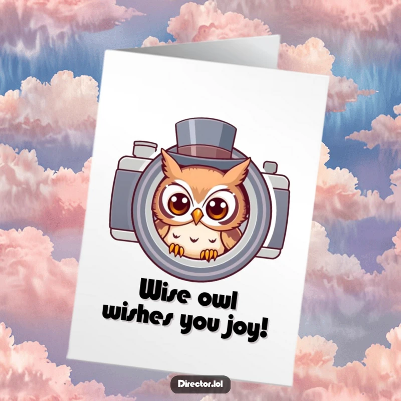 Funny Free Printable Owl Birthday Card: Curious owl in top hat peeking through a camera lens, ready to capture birthday wishes.