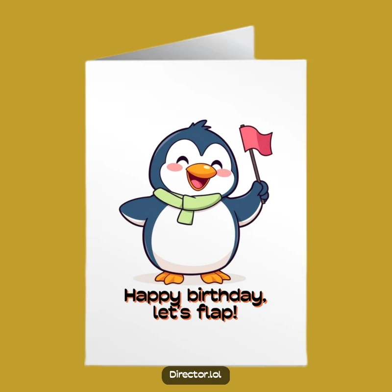 Free Printable Penguin Birthday Card: Waving Flag Funny Downloadable Gift