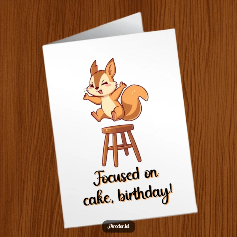 Funny Free Printable Birthday Card: Energetic squirrel leaping onto a high stool, focused on the celebration.