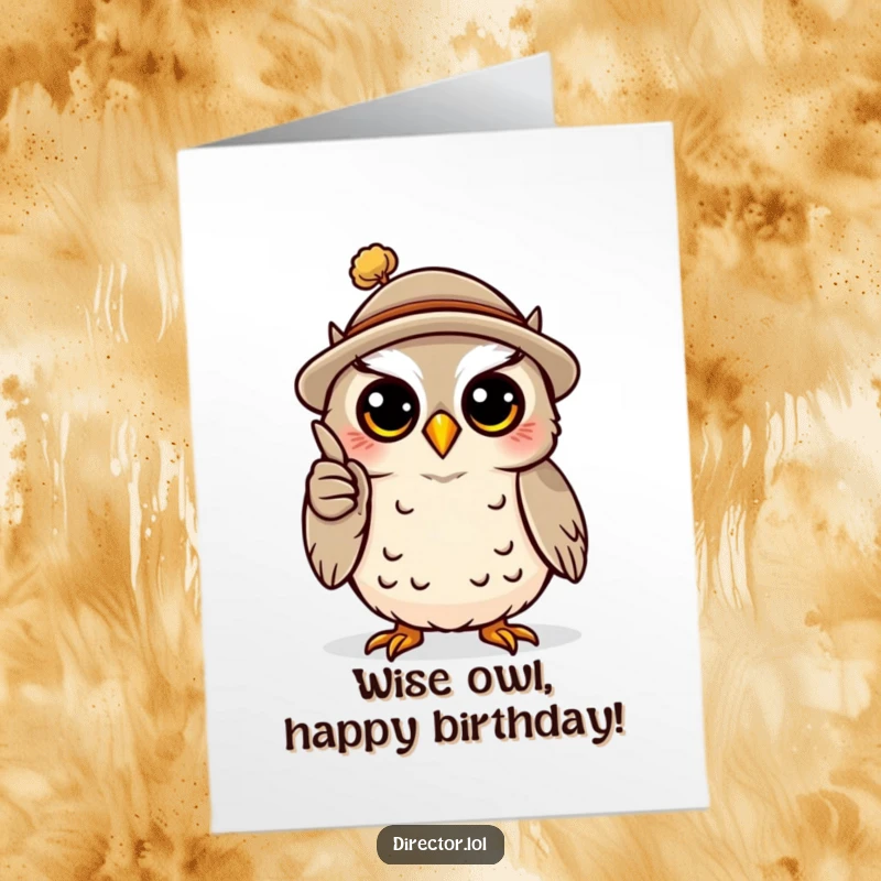 Funny free printable birthday card of a happy owl in a tiny hat, dramatically pointing with a miniature pointer, presenting birthday wishes.