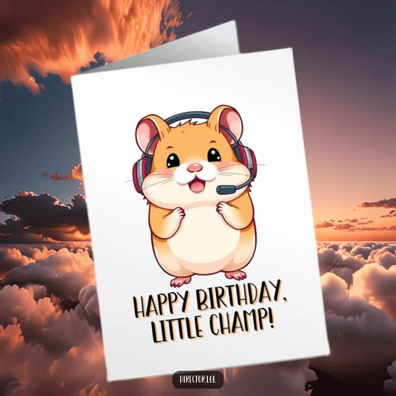 Funny Free Printable Birthday Card: Determined hamster sporting a headset, focused on winning the birthday celebration with intense gaming energy.
