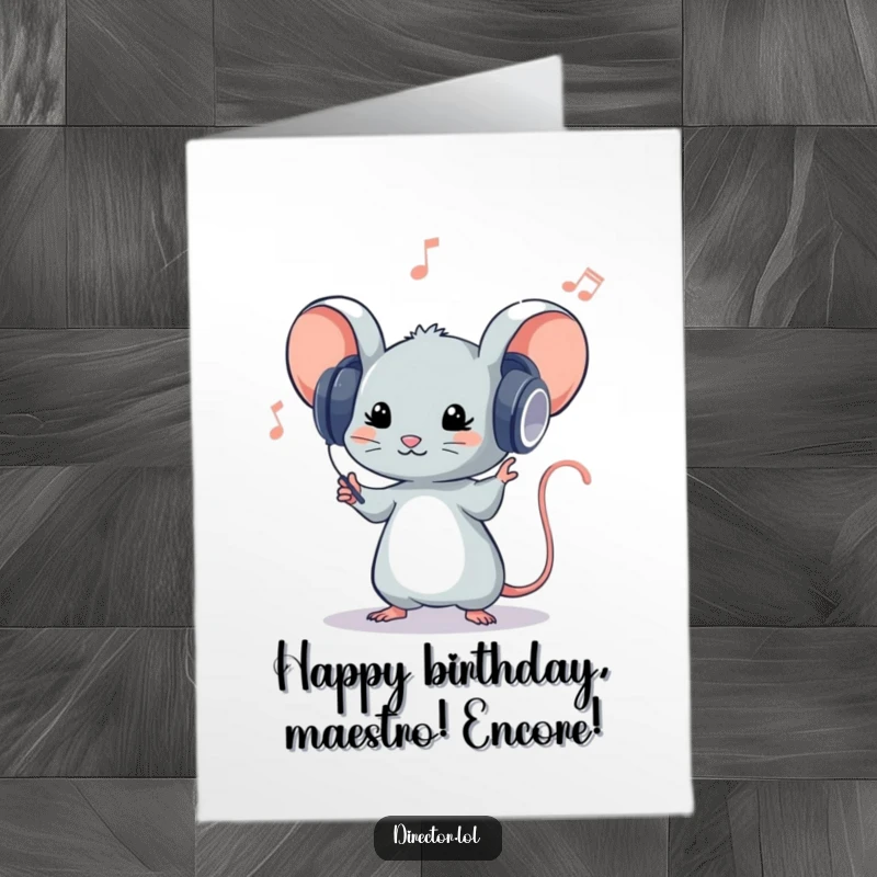 Funny Free Printable Birthday Card: A tiny mouse in big headphones conducts an orchestra with passionate enthusiasm.