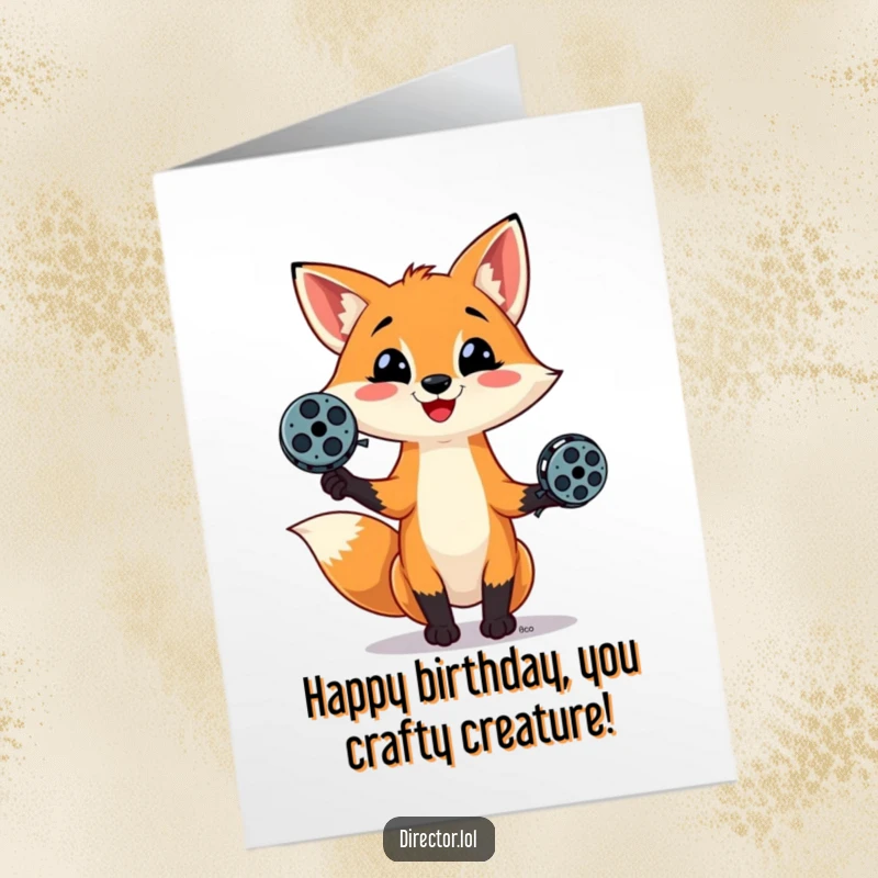 Funny Free Printable Birthday Card: A mischievous fox juggles film reels, ready to roll out birthday cheer.