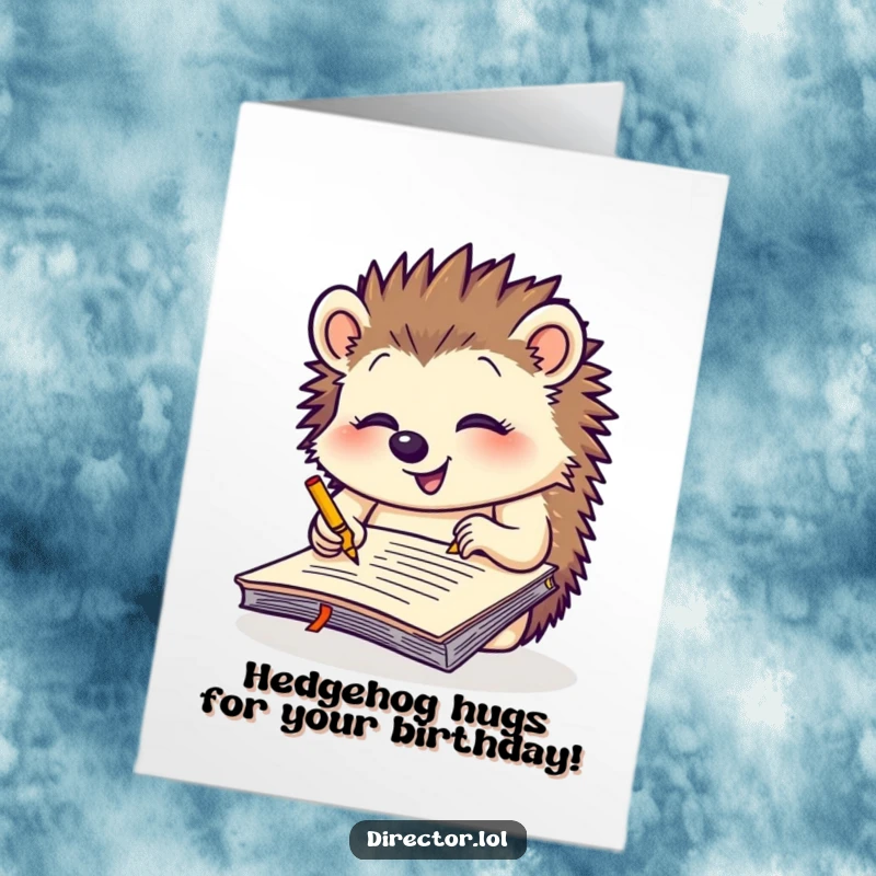 Funny Free Printable Hedgehog Birthday Card: Giggling hedgehog intensely scribbles notes on a giant yellow notepad, wishing happy birthday.