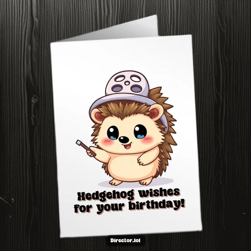 Funny Free Printable Hedgehog Director Birthday Card: A hedgehog in a film reel hat excitedly waves a pointer, directing birthday fun.