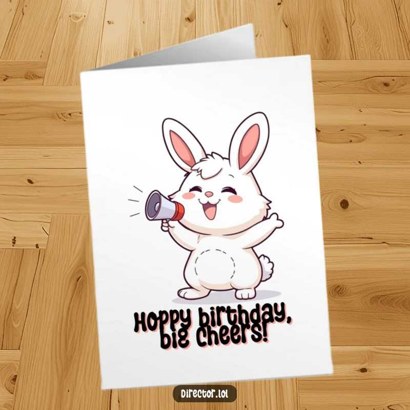 Funny Free Printable Birthday Card: Fluffy bunny with a happy grin gestures wildly with a small megaphone, cheering a birthday.