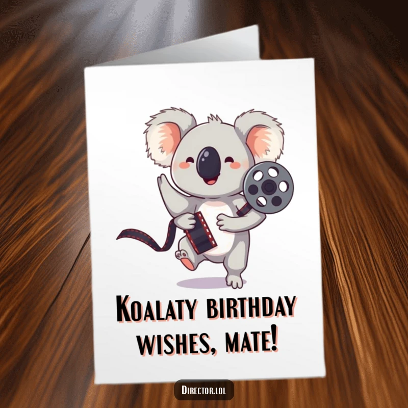 Funny Free Printable Birthday Card: Bouncing koala holds film reel, striking a playful pose, ready for the spotlight.
