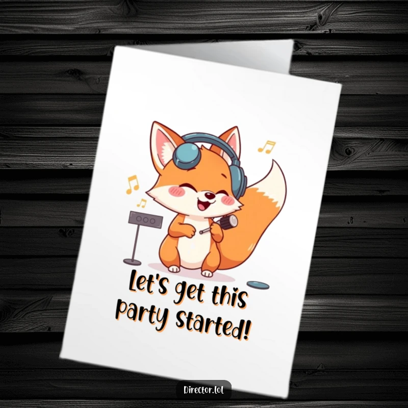 Funny Free Printable Birthday Card: Giggling fox in headphones conducts an invisible orchestra with birthday glee.