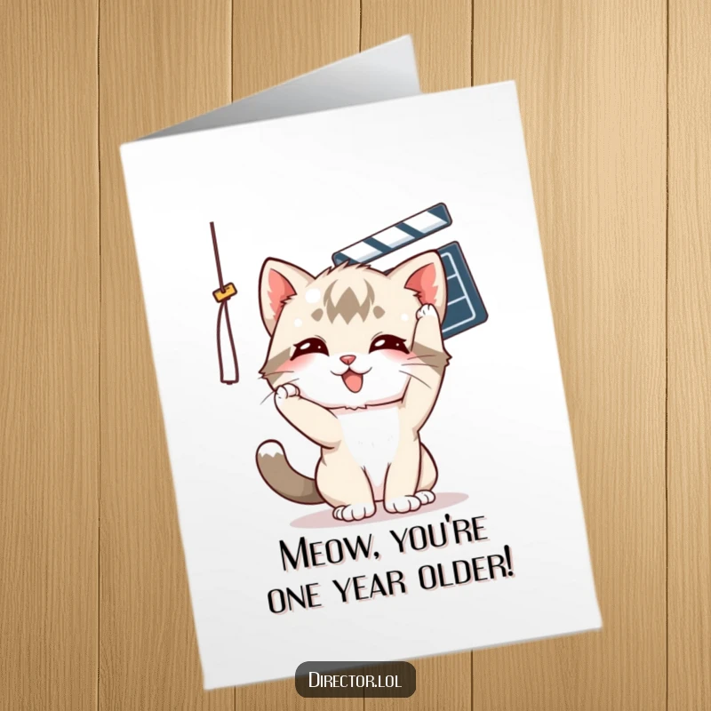 Funny Free Printable Birthday Card with a playful kitten batting at a dangling movie clapper.