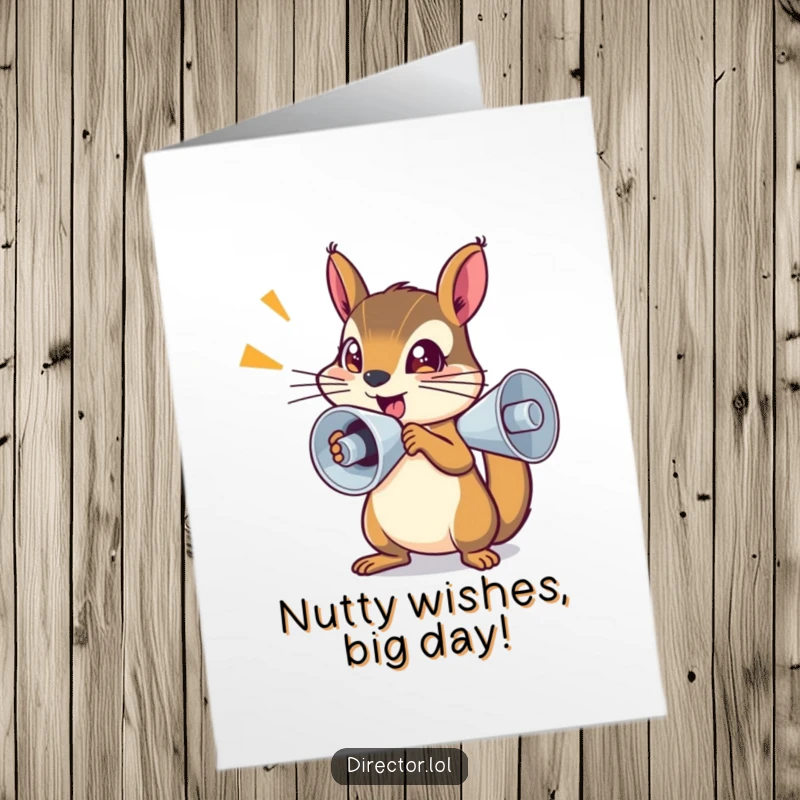 Funny free printable birthday card of a determined squirrel in a tiny megaphone, shouting directives with bright, sparkling eyes.