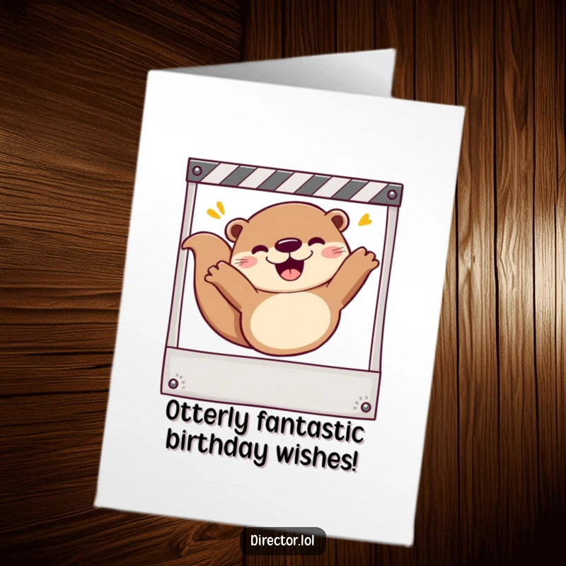 Funny Free Printable Birthday Card featuring a happy otter joyfully sliding down a storyboard frame, ready to celebrate.