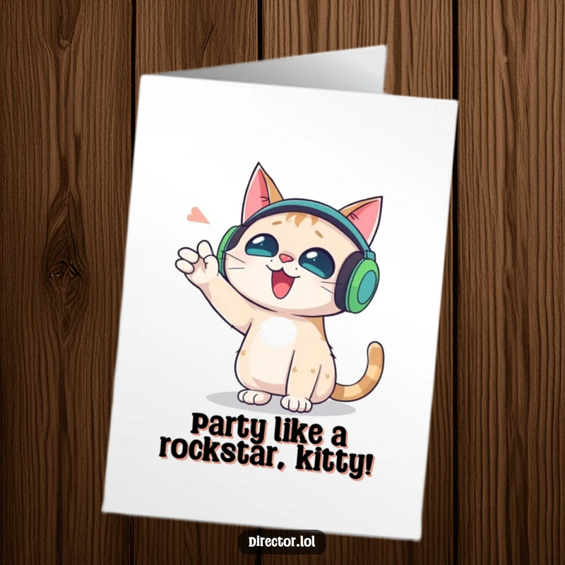Funny Free Printable Birthday Card: Cat with oversized headphones gesturing wildly, ready to party, a great downloadable gift.