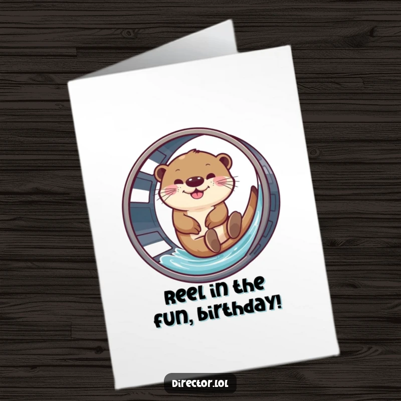 Funny Free Printable Birthday Card: Giggling otter joyfully slides down a film reel, embodying pure birthday delight and laughter.