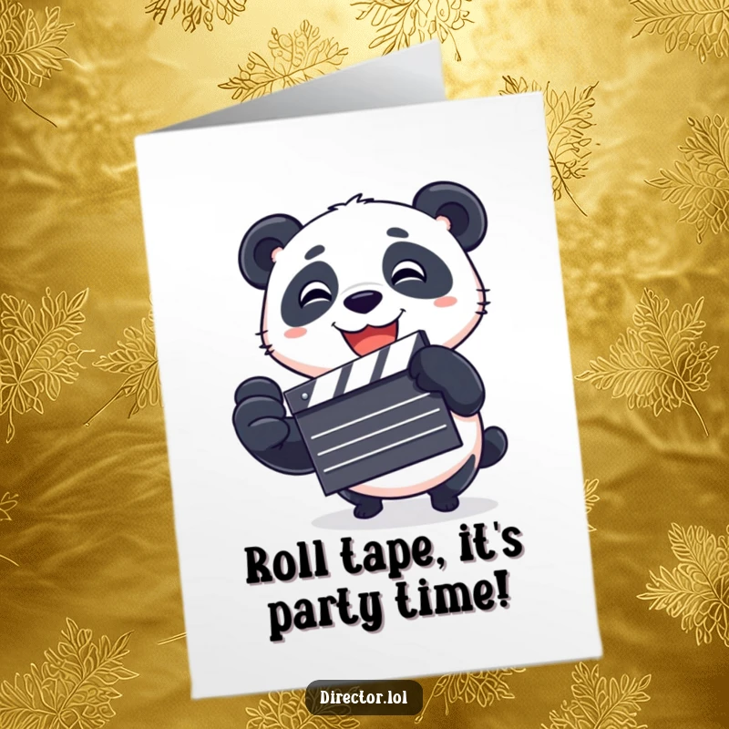 Funny free printable birthday card: a playful panda excitedly spins a clapboard, ready for the party.