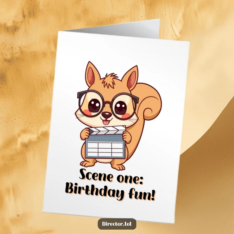 Funny Free Printable Birthday Card: Cheerful squirrel in spectacles holds clapboard, ready for birthday action.