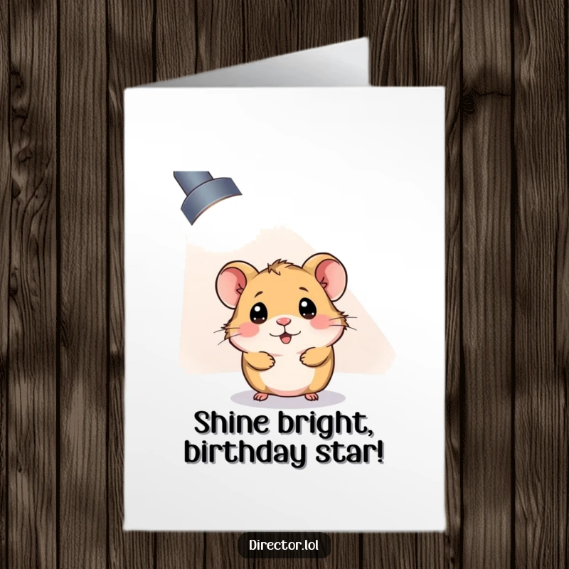 Funny Free Printable Birthday Card: Hamster peeking from giant spotlight. Hilarious DIY greeting.