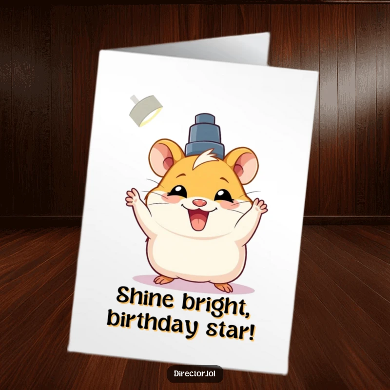 Funny Free Printable Birthday Card: Joyful hamster adjusts spotlight with bright grin, celebrating.