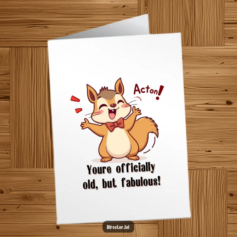 Funny Free Printable Birthday Card: Squirrel director in bow tie shouting Action! with a wagging tail, ready for fun.