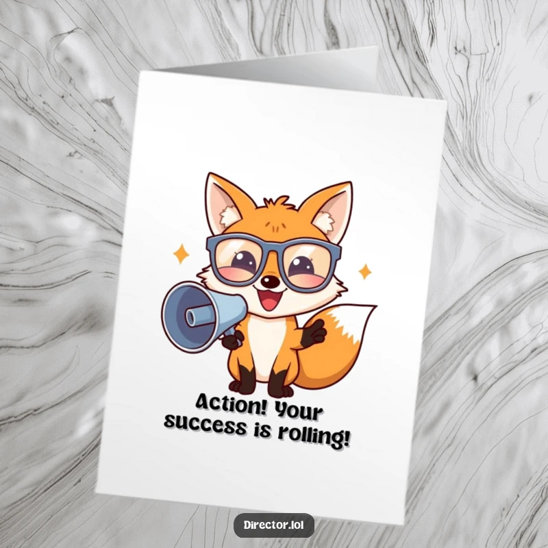 Funny Free Printable Congratulations Card: A fox director in oversized glasses excitedly directs a celebration with a megaphone.