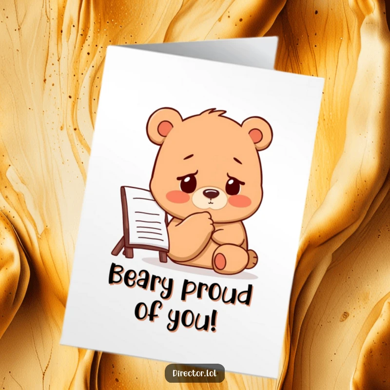 Funny Free Printable Congrats Card: A bear taps its chin thoughtfully, studying a storyboard, congratulating success with a furrowed brow.