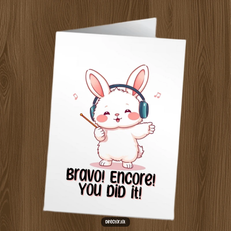 Funny Free Printable Bunny Conductor Card: A jubilant bunny in headphones conducts a triumphant invisible orchestra, celebrating success.