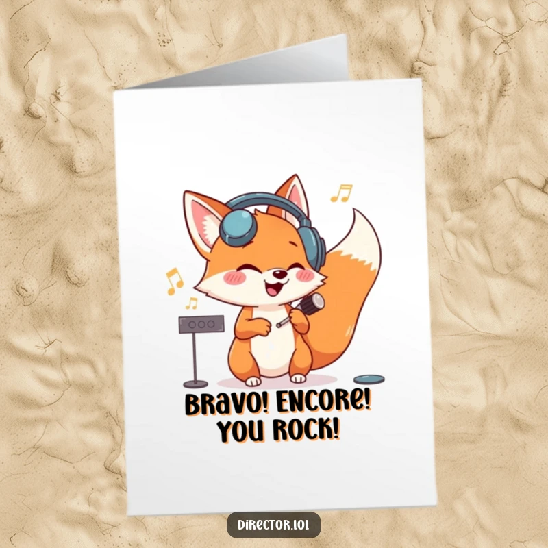 Funny Free Printable Congratulation Card: Giggling fox in headphones conducts invisible orchestra, celebrating achievement.