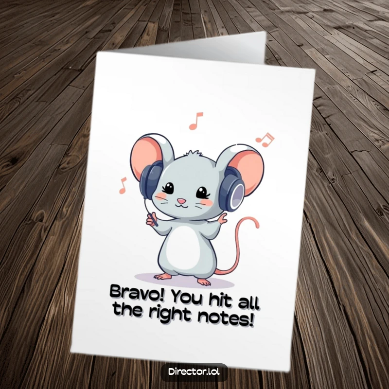 Funny Free Printable Congratulations Card: A tiny mouse maestro, lost in music, conducts an invisible orchestra in celebration.