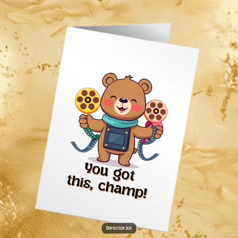 Funny Free Printable Bear Congratulations Card: Smiling bear juggles film reels, celebrating accomplishments with infectious glee.