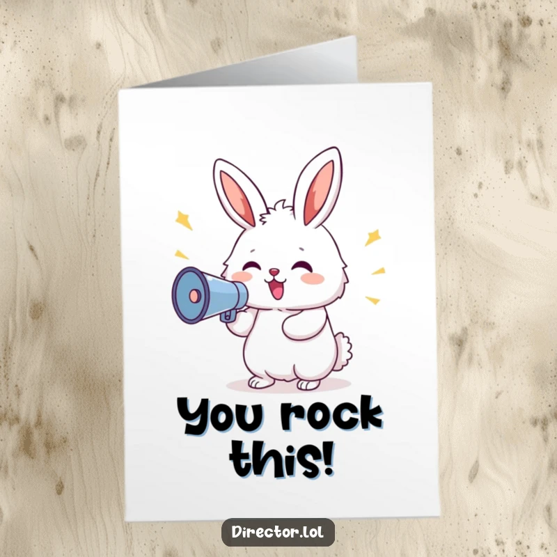 Funny Free Printable Congrats Card: Fluffy bunny with a megaphone shouts commands, celebrating a big achievement with delight.