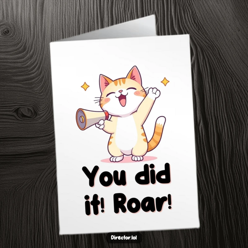 Funny Free Printable Congratulations Card: Kawaii cat energetically shouting into a megaphone, celebrating success.