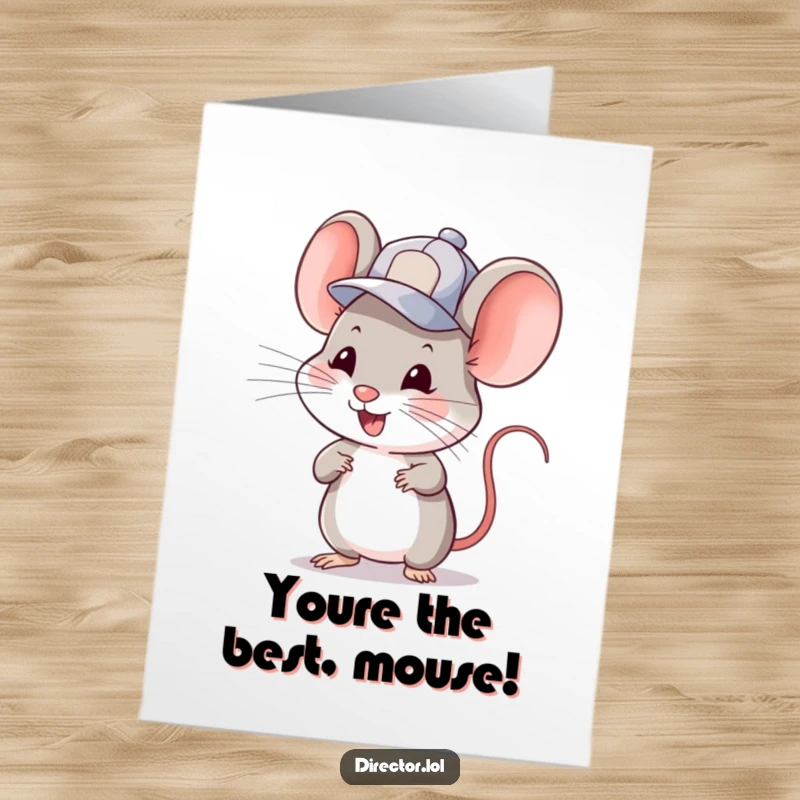 Funny Free Printable Congratulations Card with a happy mouse in a cap enthusiastically cueing, ideal for celebrations.