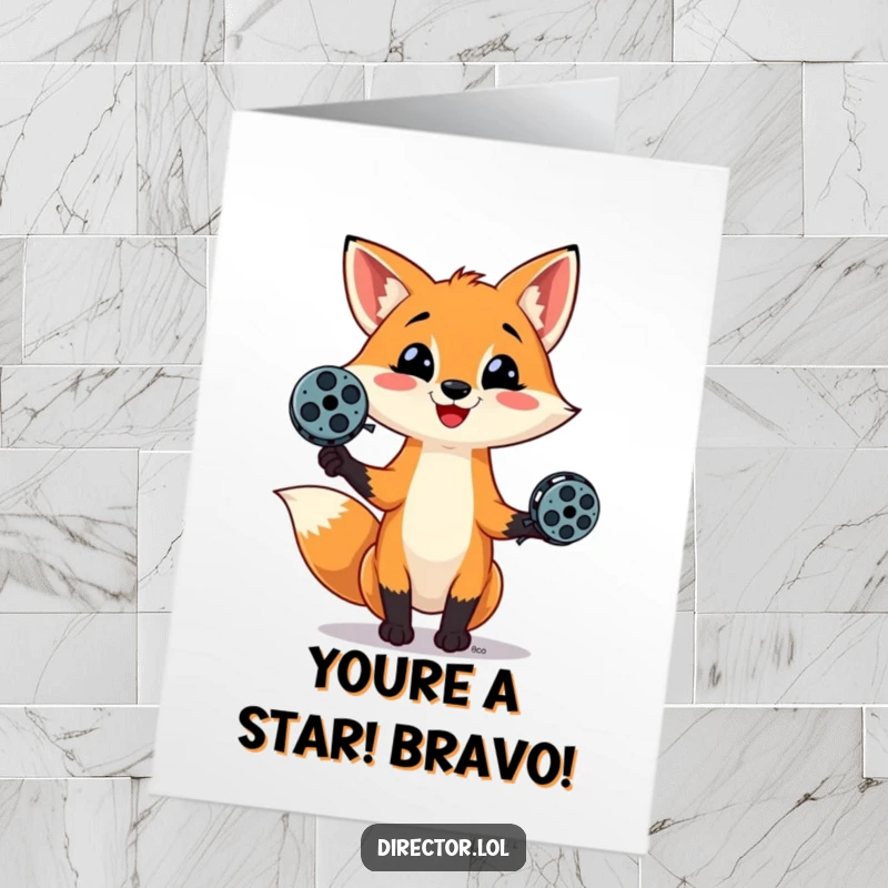 Funny Free Printable Congratulations Card: A sly fox expertly juggles film reels, celebrating your well-deserved success.