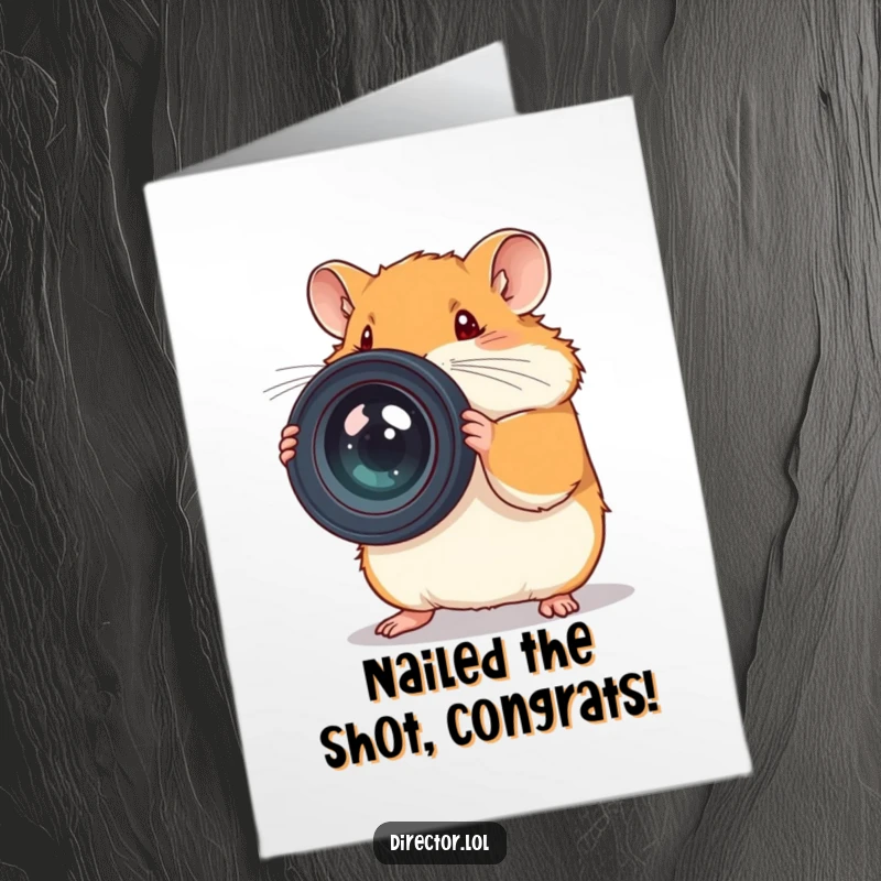 Funny Free Printable Congratulations Card: Focused hamster adjusts an oversized camera lens, celebrating success with photographic precision.