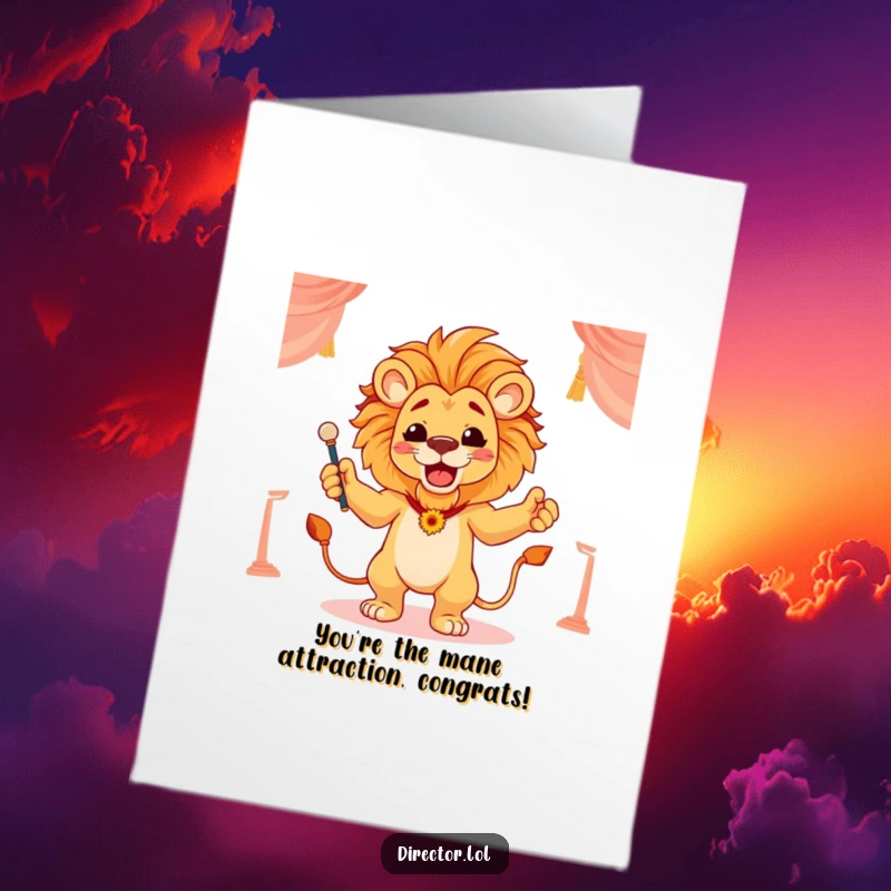 Funny Free Printable Congratulations Card: Proud lion conducting a scene with flourish, orchestrating your victory like a grand, triumphant symphony.