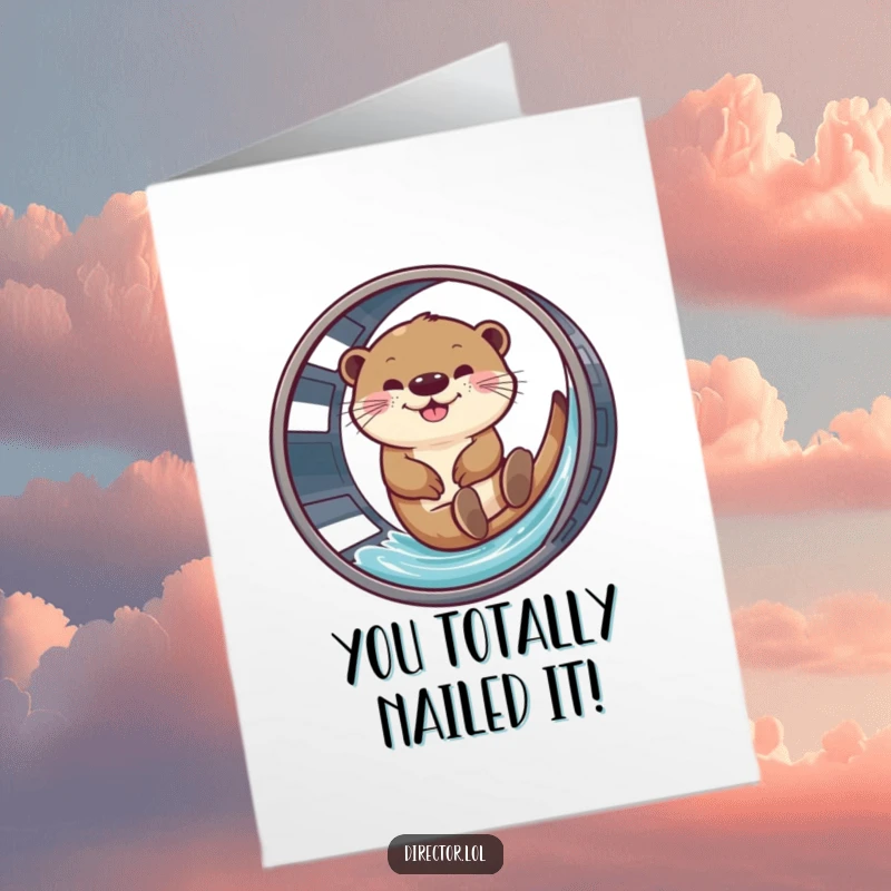 Funny Free Printable Congratulations Card: Giggling otter slides down a film reel, celebrating big wins with pure, aquatic amusement.