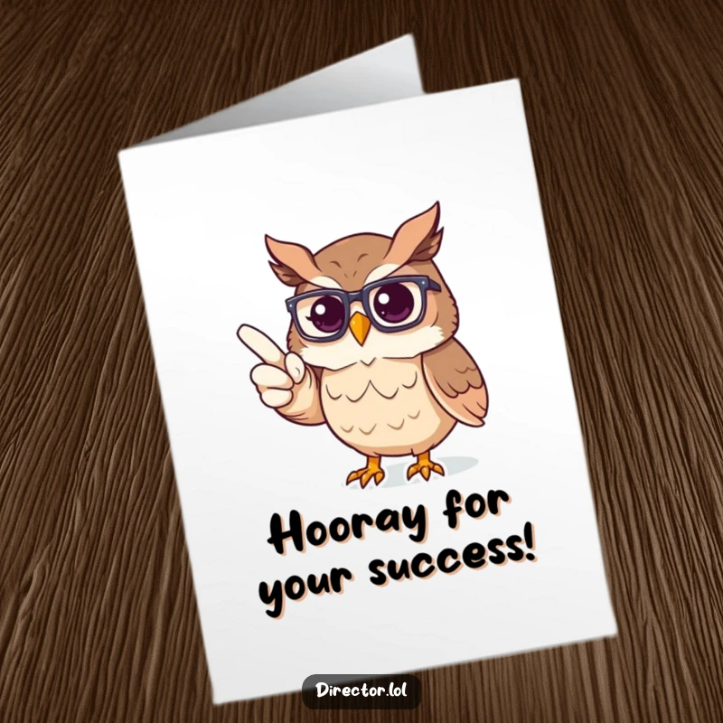 Funny Free Printable Congratulations Card: A proud owl wearing glasses points a directorial finger towards an imaginary triumphant stage.