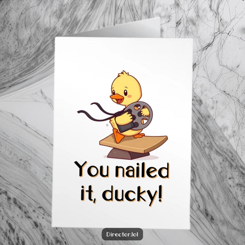 Funny Free Printable Duckling Congratulations Card: Determined duckling slides down a ramp with film reel, celebrating success with joy.