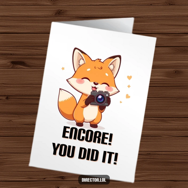 Funny Free Printable Congrats Card: Fox with script and prop camera gestures wildly, celebrating a successful premiere.