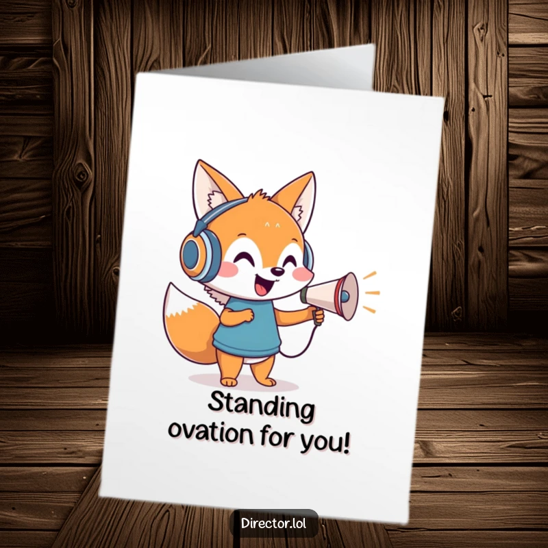 Funny Free Printable Congratulations Card: A fox in headphones enthusiastically directing with a tiny megaphone.