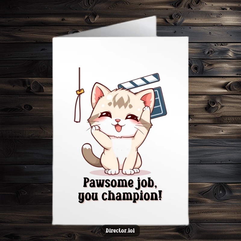 Funny Free Printable Congratulations Card with a playful kitten batting at a dangling movie clapper.